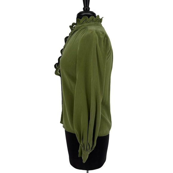 Sézane Chlo Embroidered 100% Silk Long Sleeve Blouse | Sz FR 32 (US 0) | Olive - Picture 10 of 16